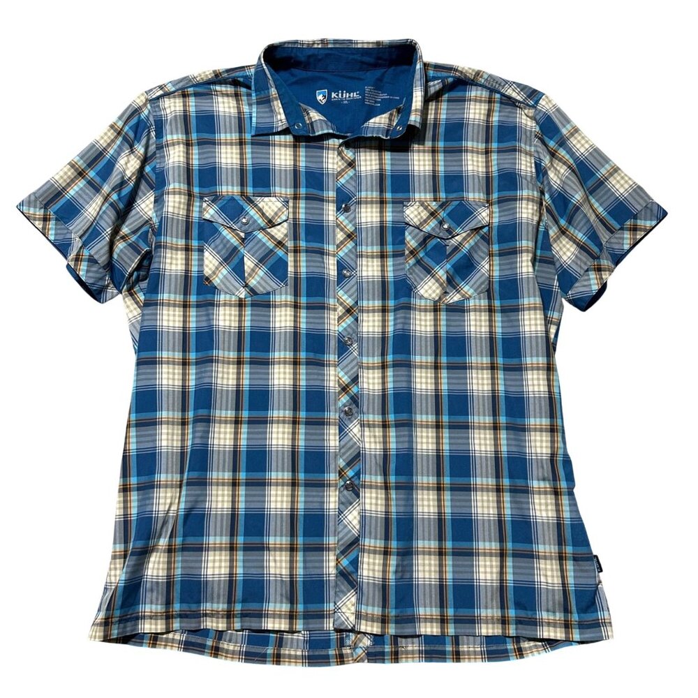 Kuhl Eluxur Men's Sz XXL Blue Plaid Short Sleeve Button-Up Shir Lightweight